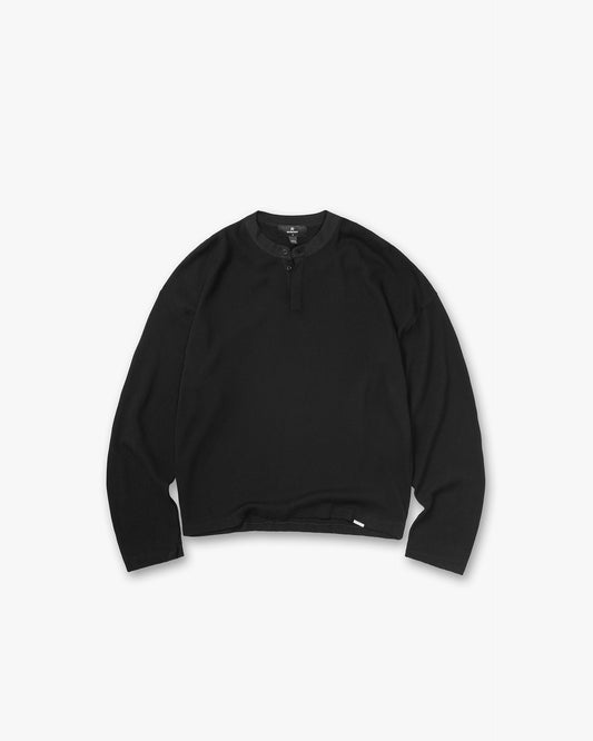 Initial Henley Waffle Long Sleeve T-Shirt - jet black